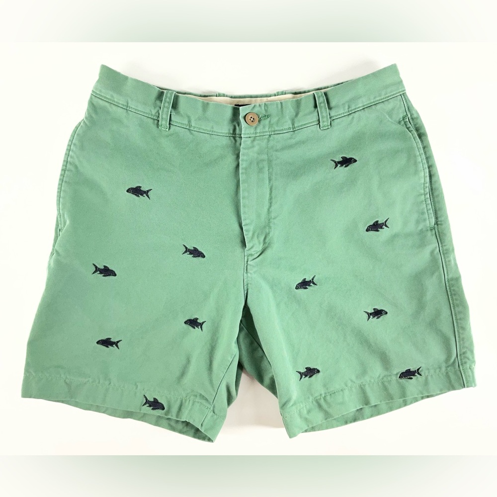 J. Crew Shark Embroidered Chino Flat Front Green Shorts Mens‎ Size 34